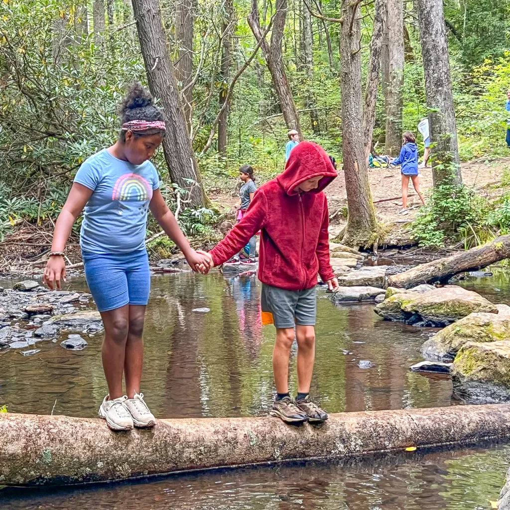 Brevard Elementary School students help one another walk across a log over a creek at DuPont State Forest during their first Muddy Sneakers expedition of the 2023 – 2024 school year.