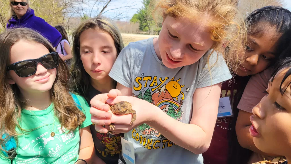 Child holds a frog up to the camera for a photo while a group of curious students gather around for a closer look, an experience representing the possibilities during a Nature Connection field trip.