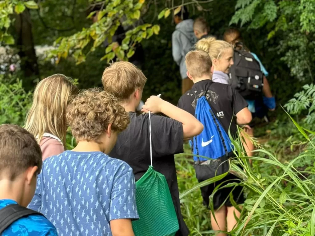 Students hiking in a line, heading toward the forest